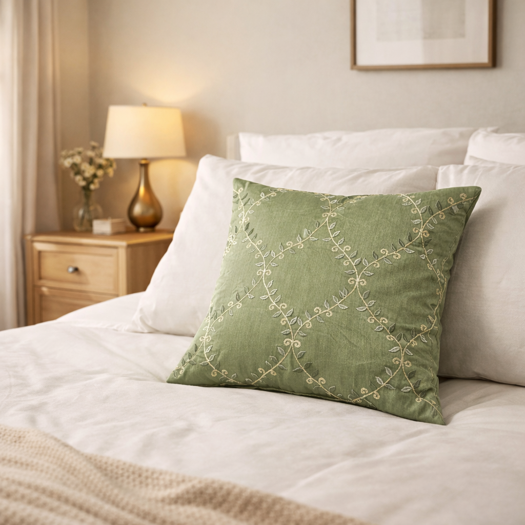 Premium Green Embroidered Cushion Cover with Filler | Elegant Floral Vine Thread Work Decorative Throw Pillow Cover