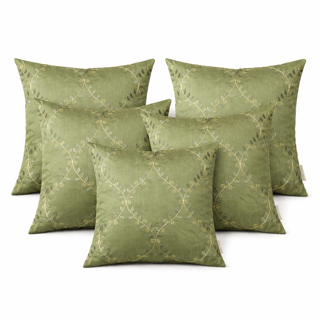 Premium Green Embroidered Cushion Cover with Filler | Elegant Floral Vine Thread Work Decorative Throw Pillow Cover