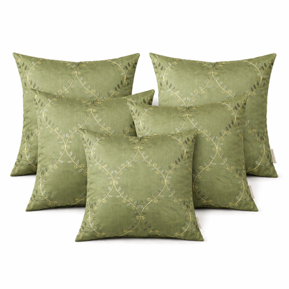 Premium Green Embroidered Cushion Cover with Filler | Elegant Floral Vine Thread Work Decorative Throw Pillow Cover