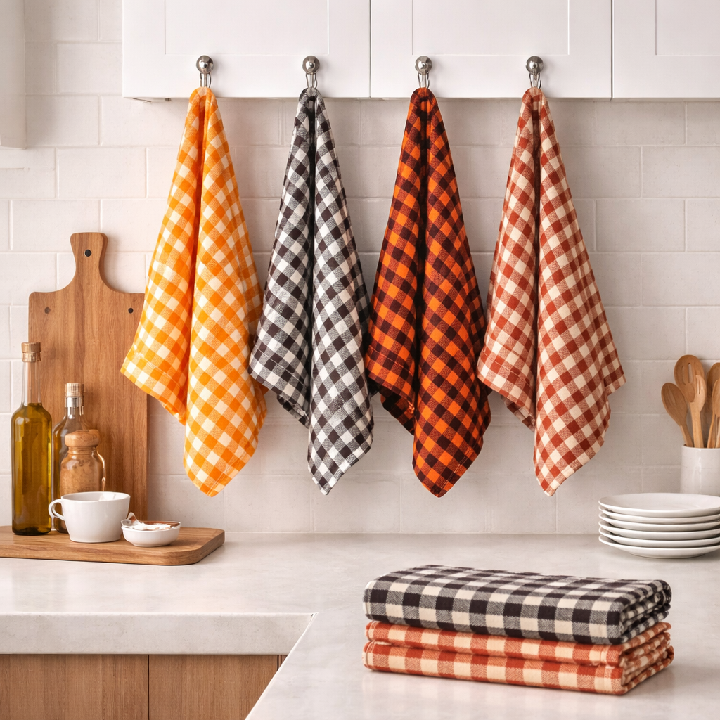 4-Piece Checkered Kitchen Towel Set – Soft & Absorbent Cotton Dish Towels for Kitchen Cleaning & Drying