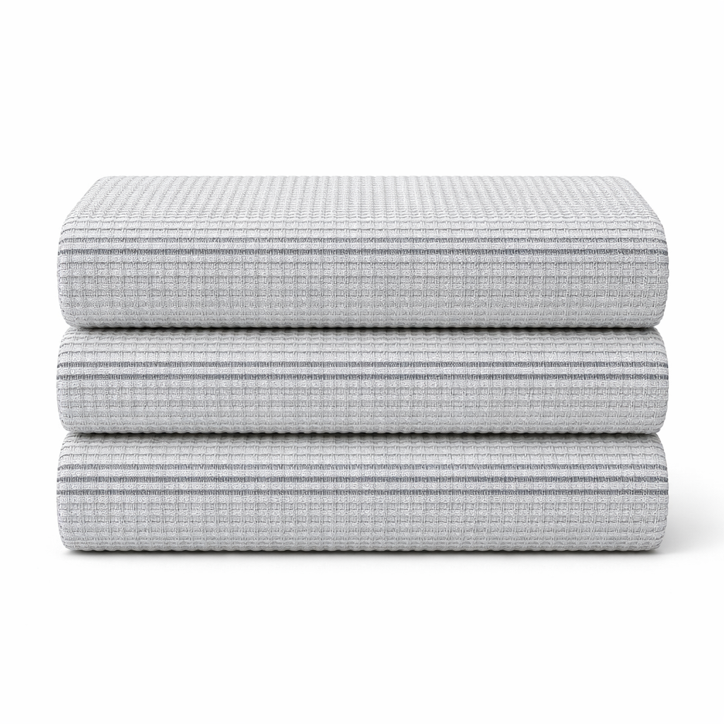 Ultra Soft & Absorbent Waffle Weave Kitchen Towels – 3 Piece Grey Stripe Dish Cloth Set