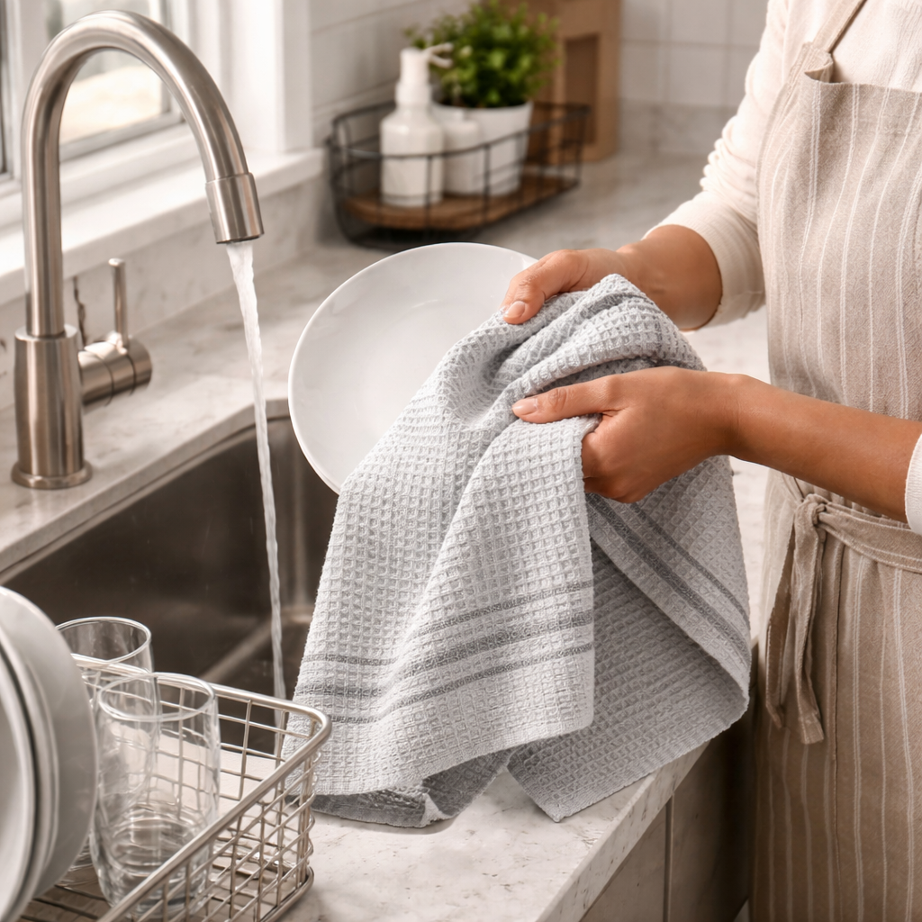 Ultra Soft & Absorbent Waffle Weave Kitchen Towels – 3 Piece Grey Stripe Dish Cloth Set