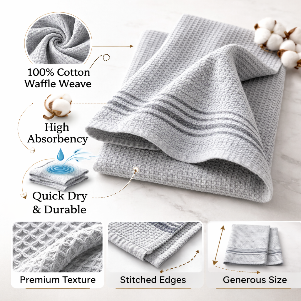Ultra Soft & Absorbent Waffle Weave Kitchen Towels – 3 Piece Grey Stripe Dish Cloth Set