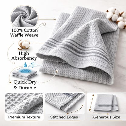 Ultra Soft & Absorbent Waffle Weave Kitchen Towels – 3 Piece Grey Stripe Dish Cloth Set