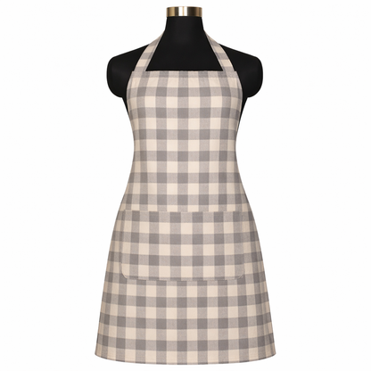 Premium Cotton Checkered Kitchen Apron with Pockets – Grey