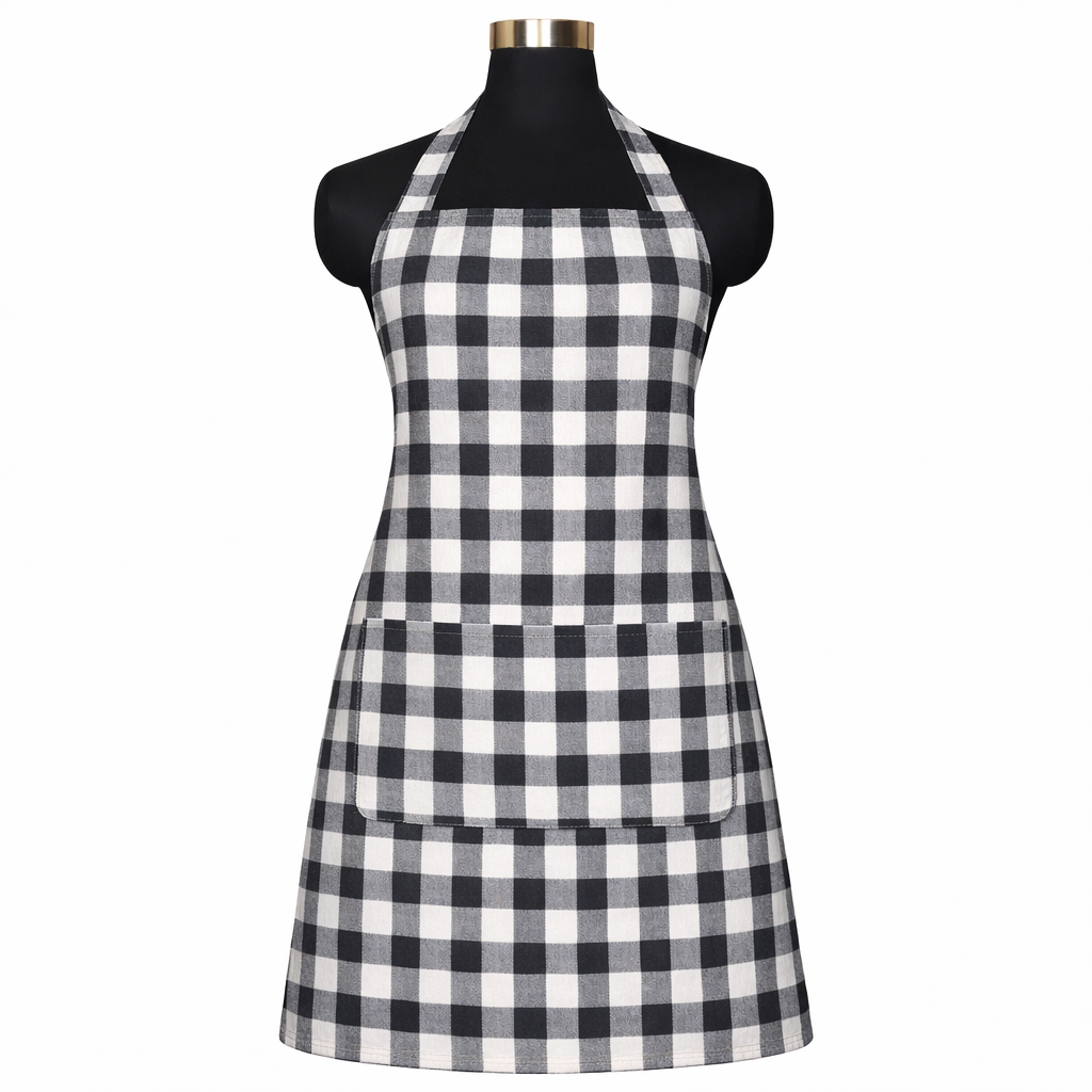 Premium Cotton Checkered Kitchen Apron with Pockets – Black