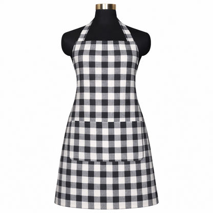 Premium Cotton Checkered Kitchen Apron with Pockets – Black