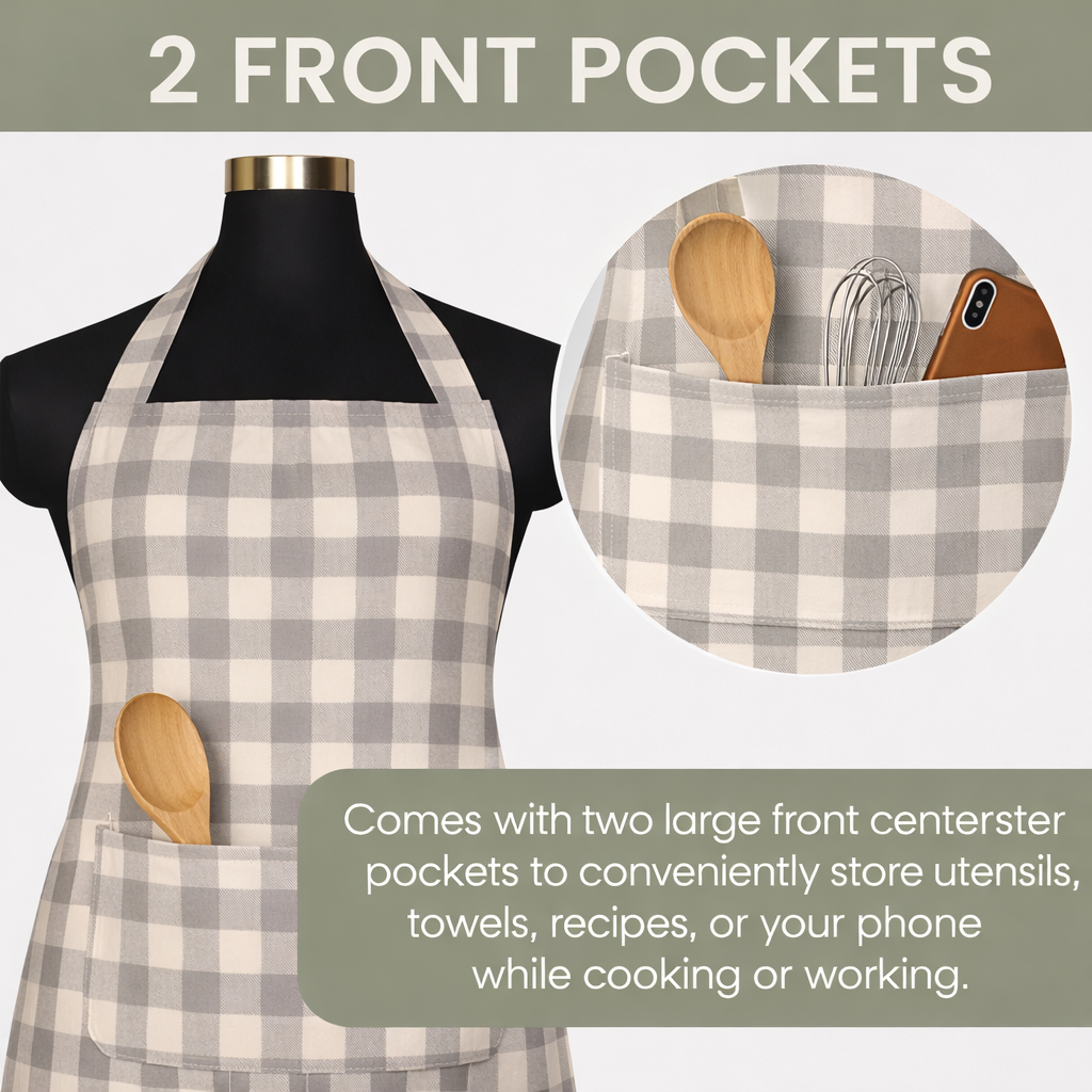 Premium Cotton Checkered Kitchen Apron with Pockets – Grey
