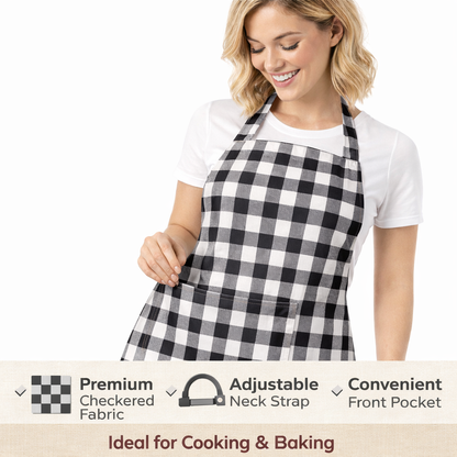 Premium Cotton Checkered Kitchen Apron with Pockets – Black