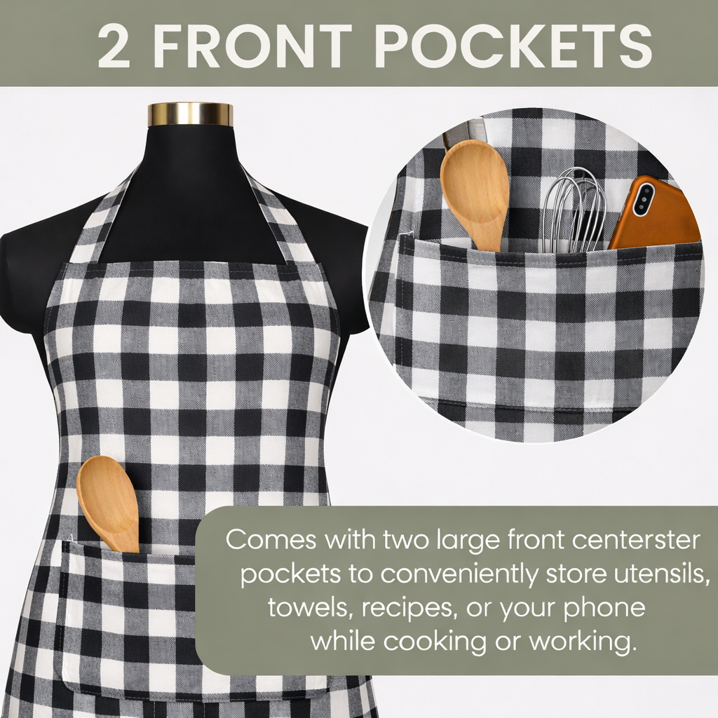 Premium Cotton Checkered Kitchen Apron with Pockets – Black