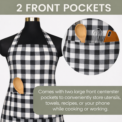 Premium Cotton Checkered Kitchen Apron with Pockets – Black