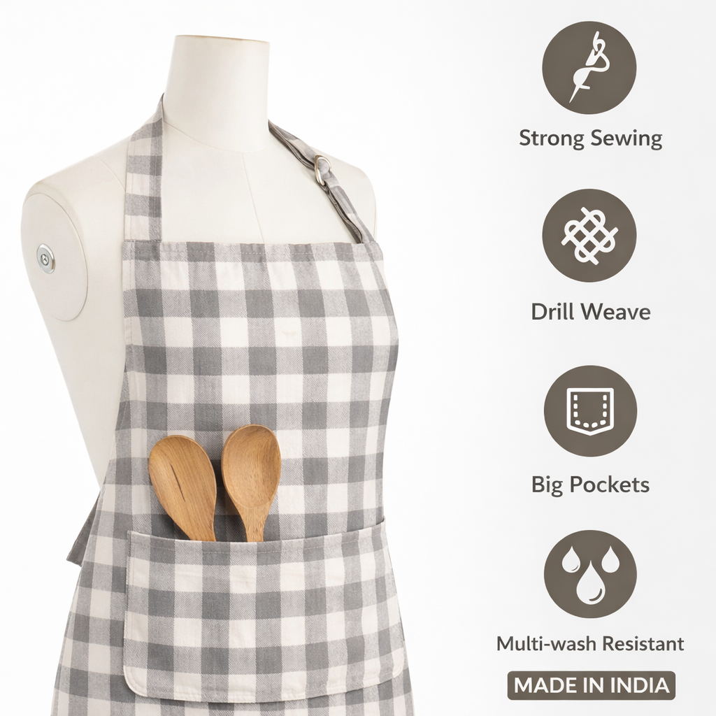 Premium Cotton Checkered Kitchen Apron with Pockets – Grey