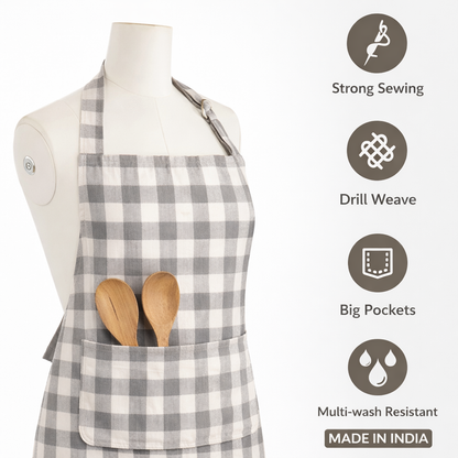 Premium Cotton Checkered Kitchen Apron with Pockets – Grey