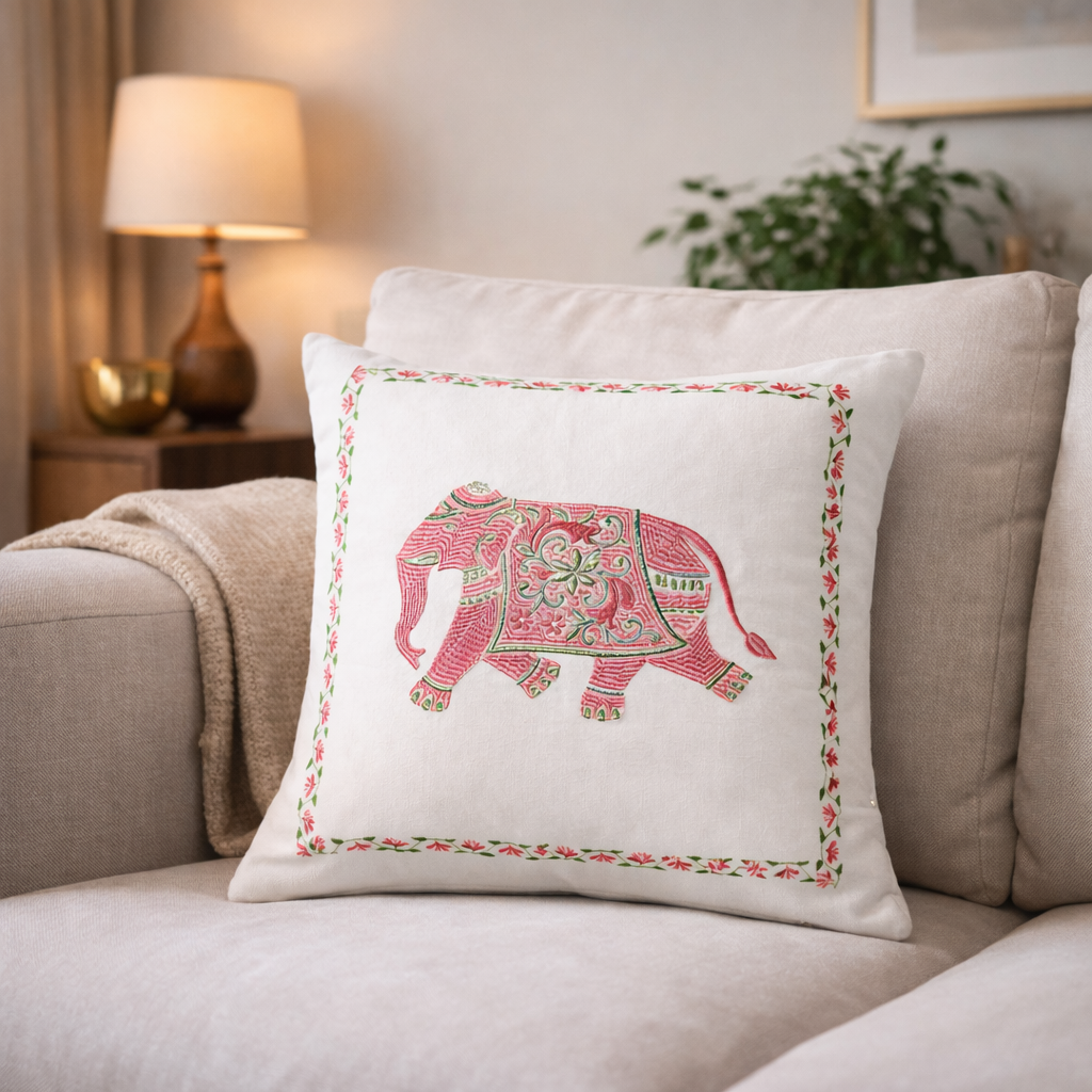 Pink Embroidered Elephant Cushion Cover with Insert – Decorative Throw Pillow for Sofa, Bed & Living Room (Copy)