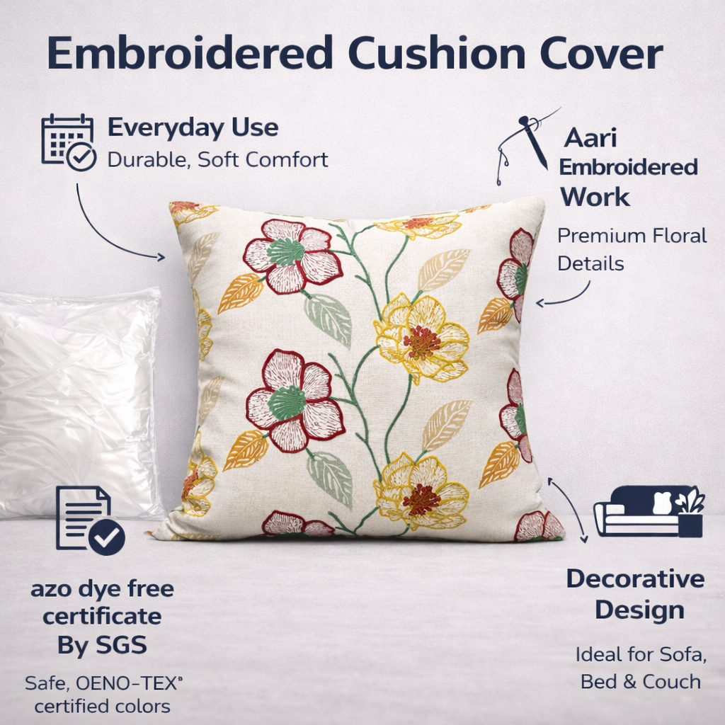 16x16 Cotton Embroidered Floral Cushion Cover with Insert – Decorative Throw Pillow, Multicolor Floral Design