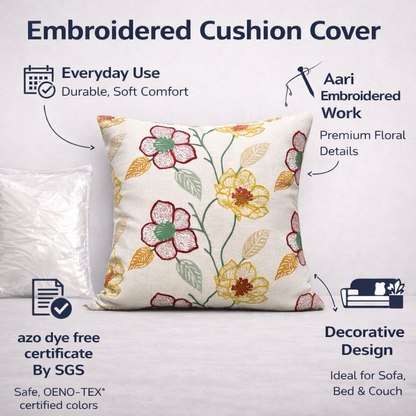 16x16 Cotton Embroidered Floral Cushion Cover with Insert – Decorative Throw Pillow, Multicolor Floral Design