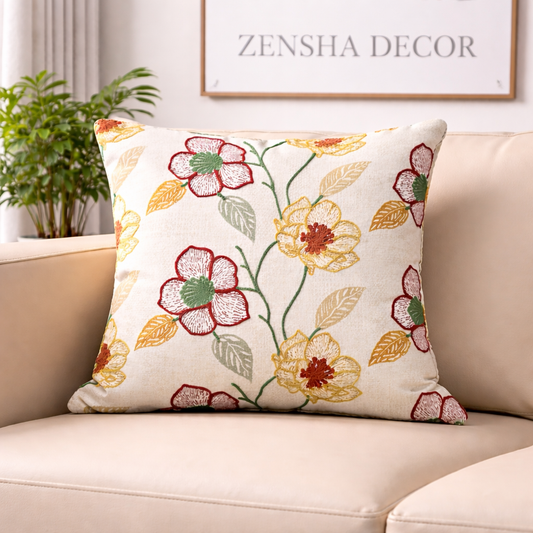 16x16 Cotton Embroidered Floral Cushion Cover with Insert – Decorative Throw Pillow, Multicolor Floral Design