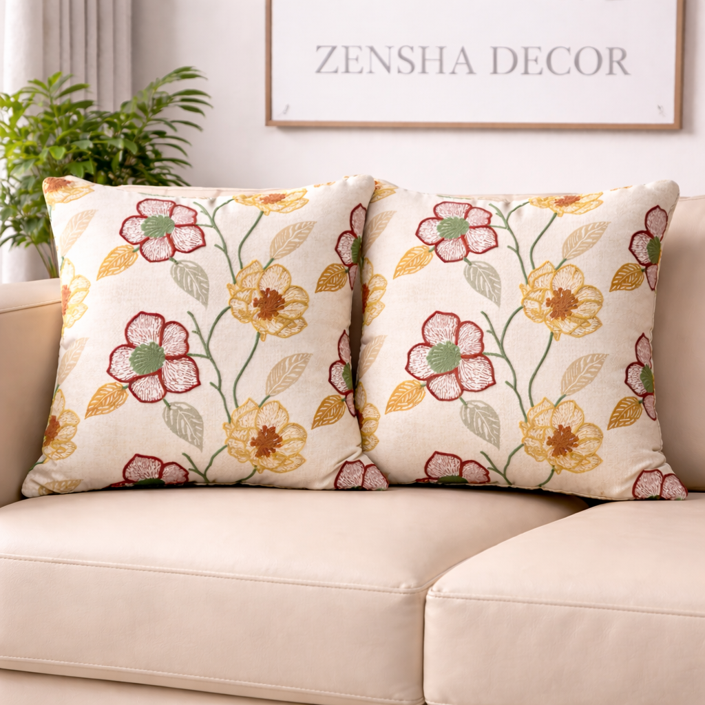 16x16 Cotton Embroidered Floral Cushion Cover with Insert – Decorative Throw Pillow, Multicolor Floral Design