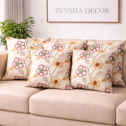 16x16 Cotton Embroidered Floral Cushion Cover with Insert – Decorative Throw Pillow, Multicolor Floral Design