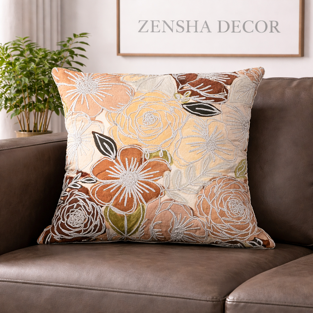 16x16 Floral Cotton Cushion Cover with Insert | Embroidered Botanical Throw Pillow