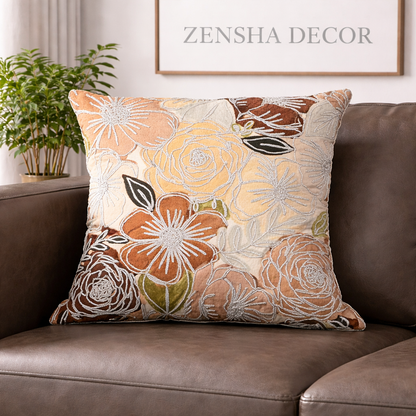 16x16 Floral Cotton Cushion Cover with Insert | Embroidered Botanical Throw Pillow