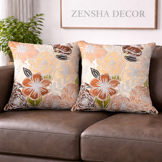 16x16 Floral Cotton Cushion Cover with Insert | Embroidered Botanical Throw Pillow