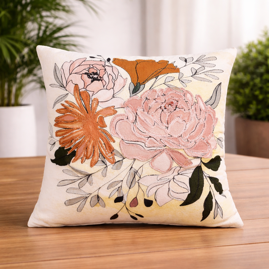 Floral Cotton Cushion Cover with Polyester Filler Insert | Soft Decorative Throw Pillow | Living Room & Bedroom Décor