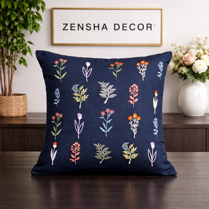 Embroidered Floral Cotton Cushion Cover with Polyester Filler Insert | Decorative Throw Pillow for Sofa & Bedroom