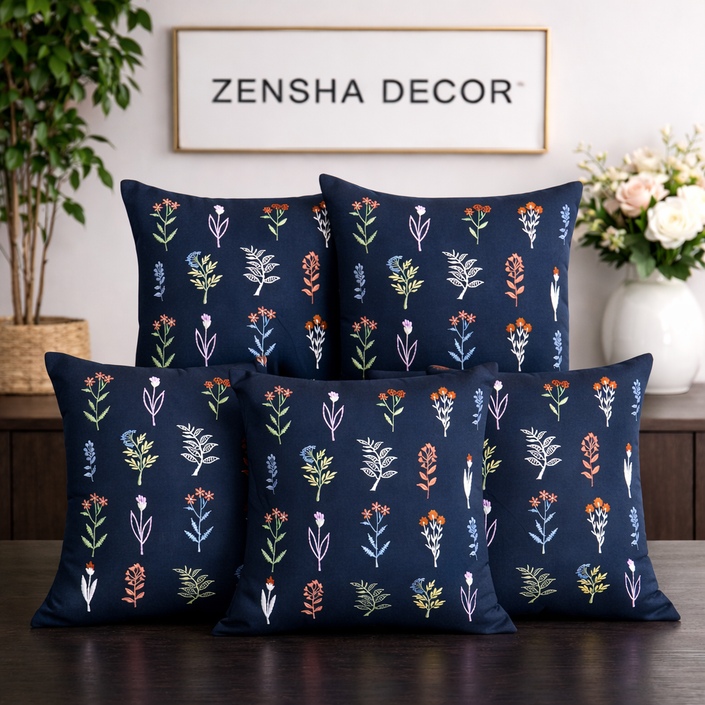 Embroidered Floral Cotton Cushion Cover with Polyester Filler Insert | Decorative Throw Pillow for Sofa & Bedroom