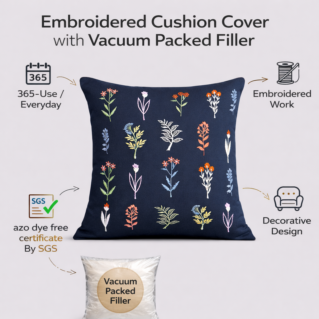 Embroidered Floral Cotton Cushion Cover with Polyester Filler Insert | Decorative Throw Pillow for Sofa & Bedroom