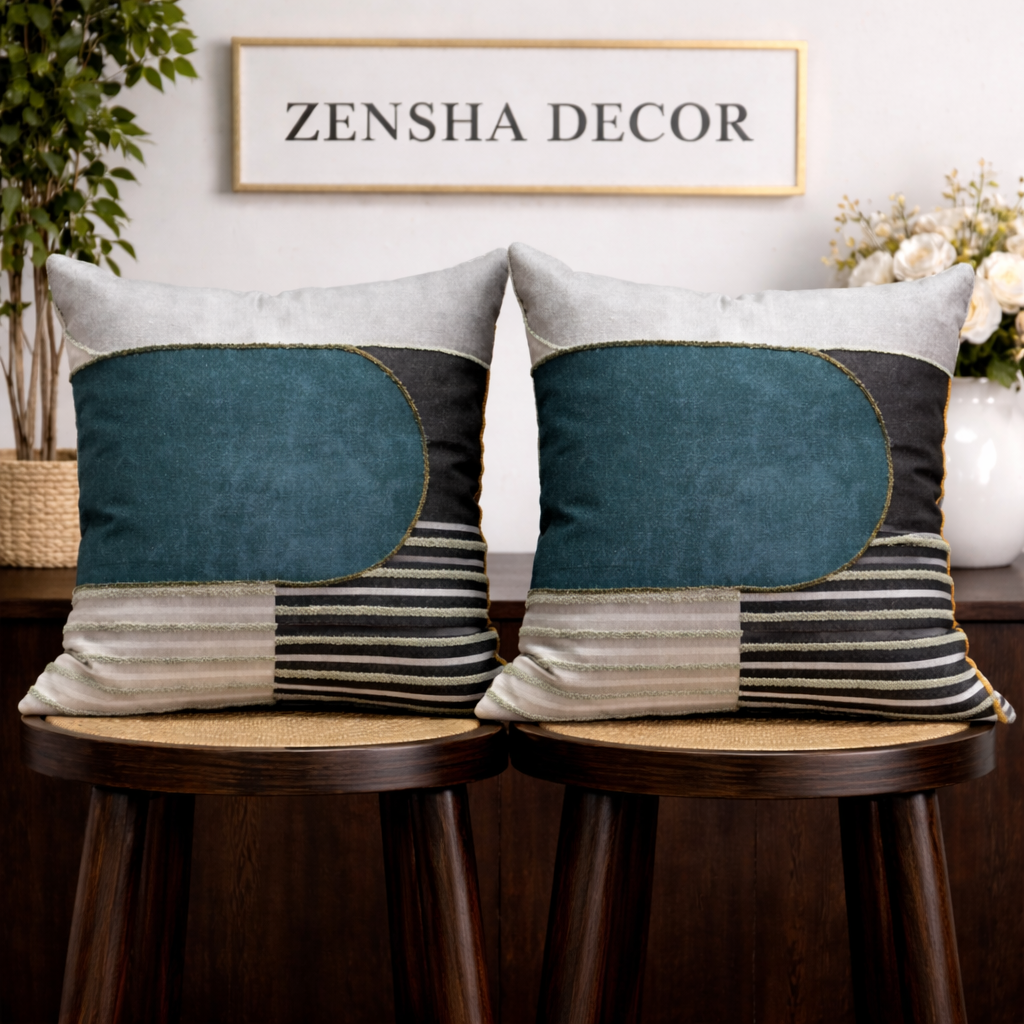 Modern Textured Cotton Cushion Cover with Insert | Handmade Striped Patchwork Throw Pillow | Grey & Charcoal Decorative Pillow