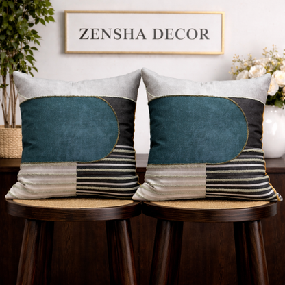 Modern Textured Cotton Cushion Cover with Insert | Handmade Striped Patchwork Throw Pillow | Grey & Charcoal Decorative Pillow
