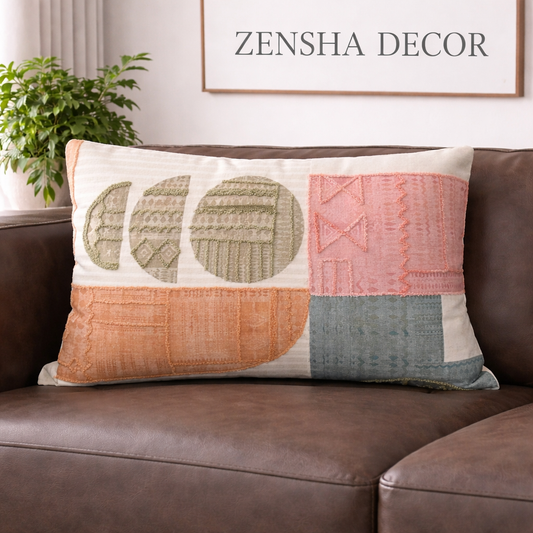 Boho Embroidered Cotton Lumbar Cushion Cover with Insert – 14x20 Inch Decorative Throw Pillow