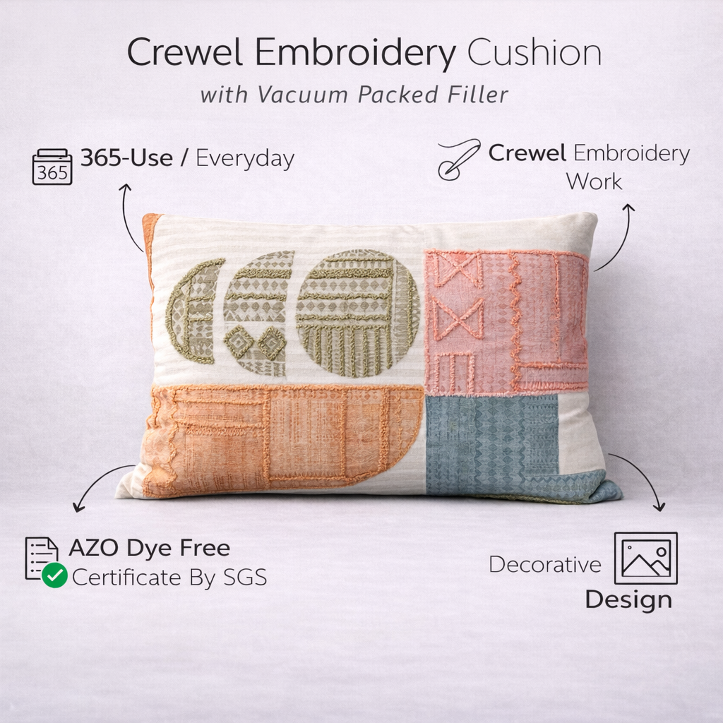 Boho Embroidered Cotton Lumbar Cushion Cover with Insert – 14x20 Inch Decorative Throw Pillow