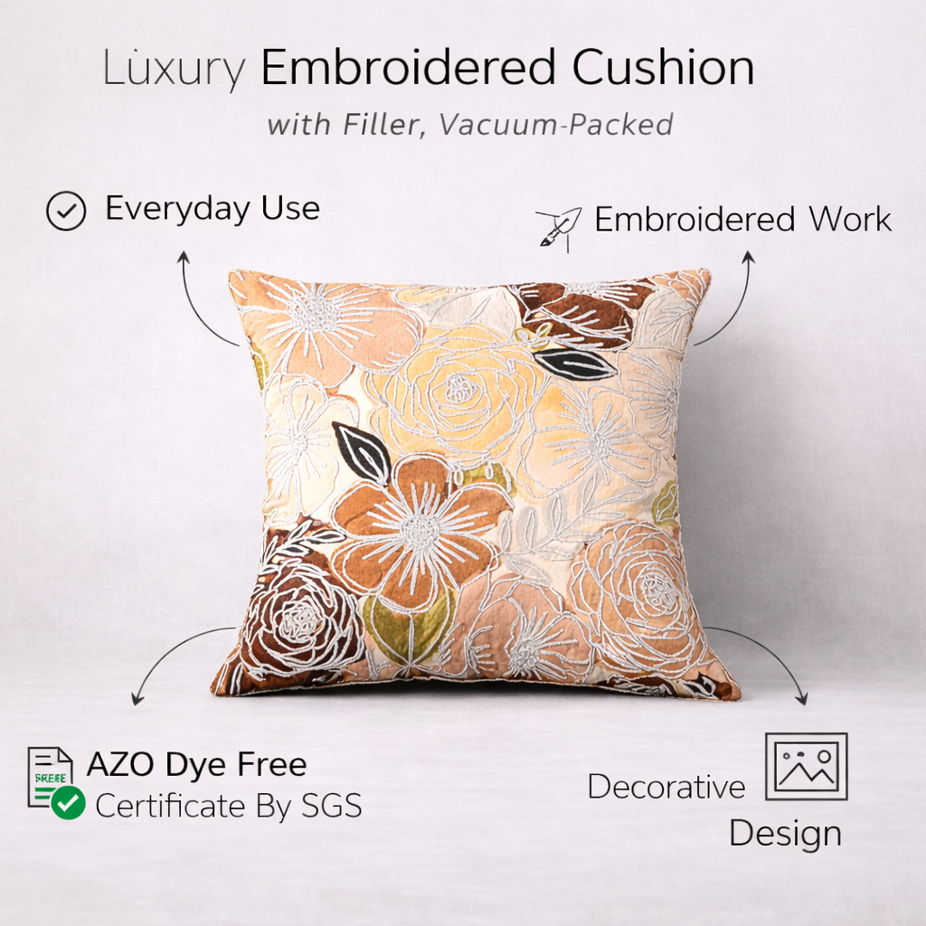 16x16 Floral Cotton Cushion Cover with Insert | Embroidered Botanical Throw Pillow