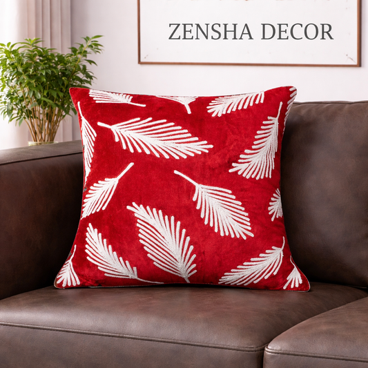 Festive Red Cotton Cushion Cover with Soft Polyester Filler Insert – White Leaf Embroidery
