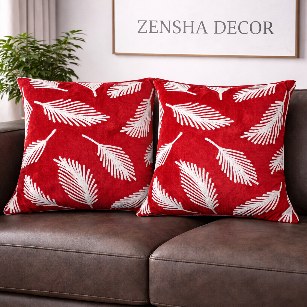 Festive Red Cotton Cushion Cover with Soft Polyester Filler Insert – White Leaf Embroidery