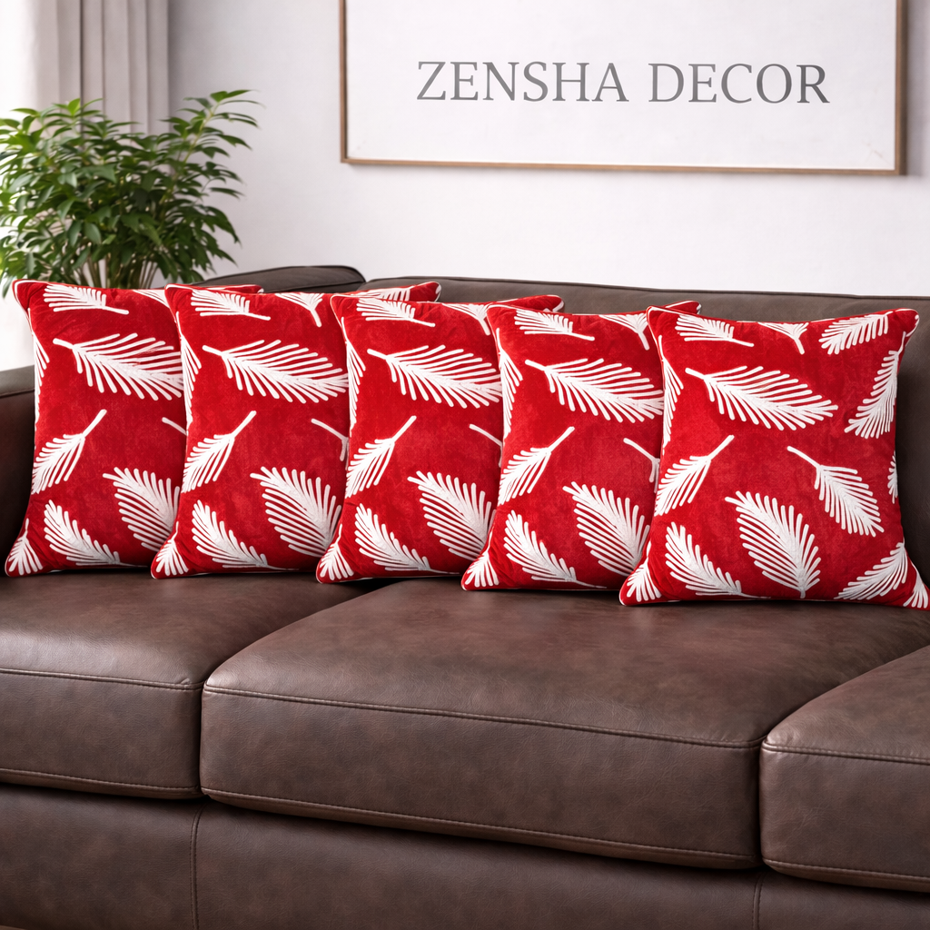 Festive Red Cotton Cushion Cover with Soft Polyester Filler Insert – White Leaf Embroidery