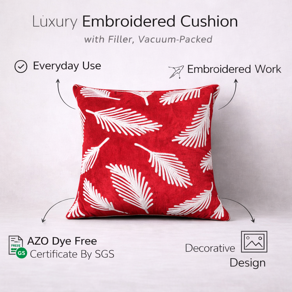 Festive Red Cotton Cushion Cover with Soft Polyester Filler Insert – White Leaf Embroidery