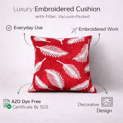 Festive Red Cotton Cushion Cover with Soft Polyester Filler Insert – White Leaf Embroidery