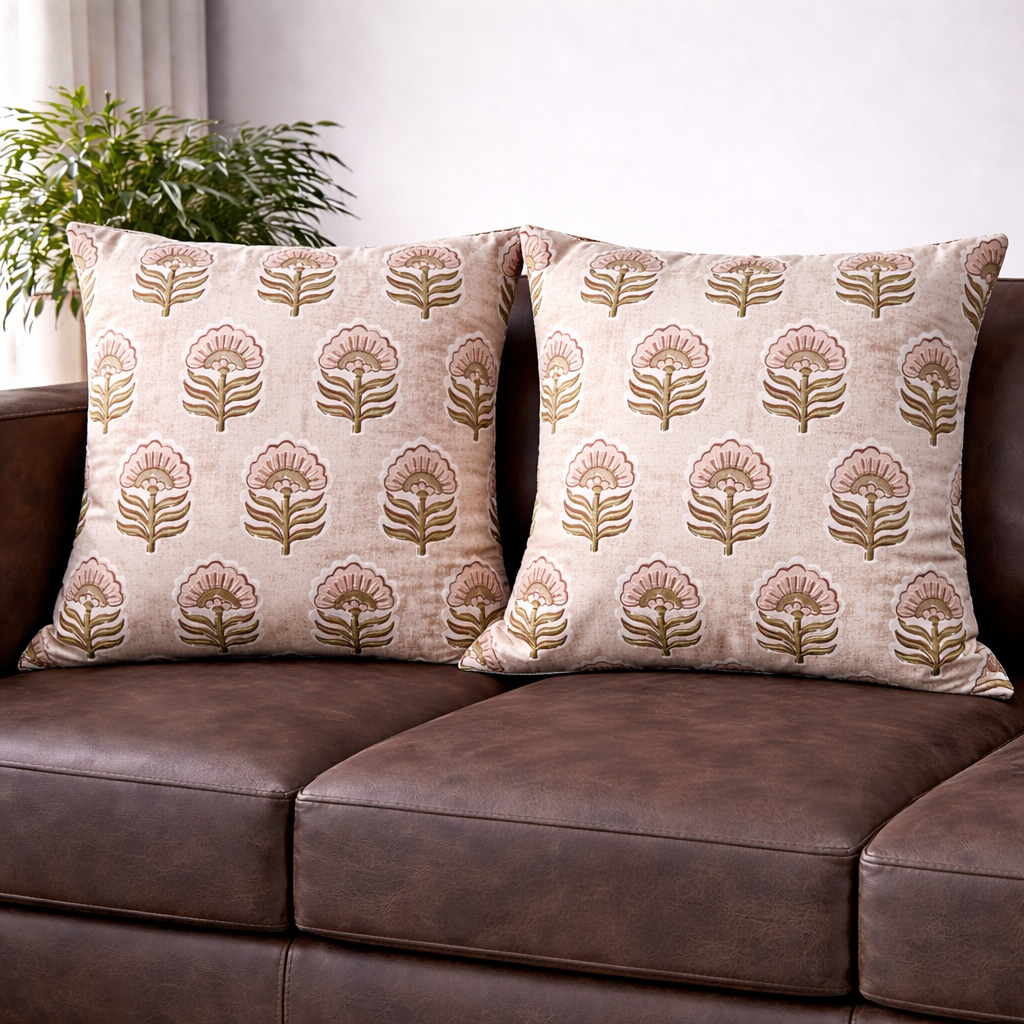 16x16 Cotton Floral Cushion Cover with Insert | Blush Pink Hand Block Print Decorative Throw Pillow
