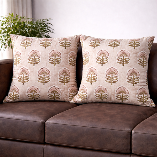 16x16 Cotton Floral Cushion Cover with Insert | Blush Pink Hand Block Print Decorative Throw Pillow