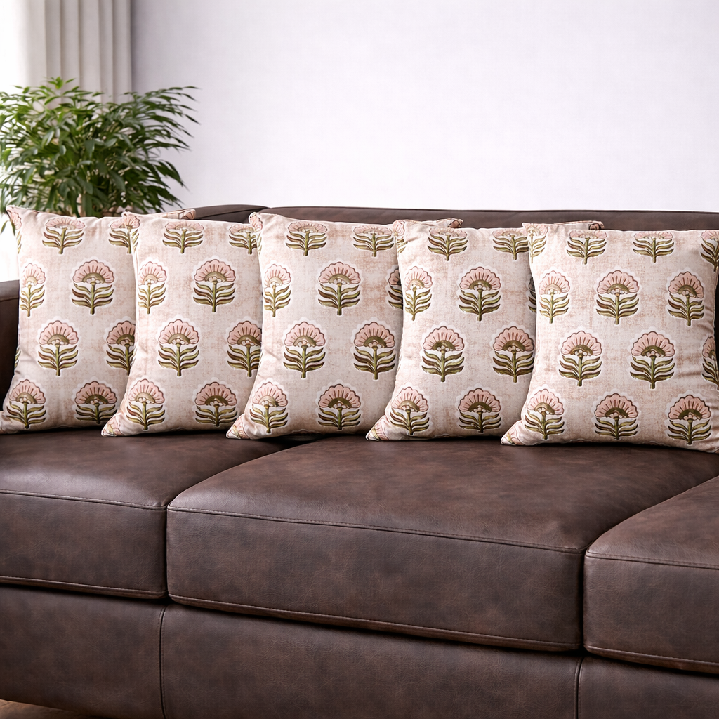 16x16 Cotton Floral Cushion Cover with Insert | Blush Pink Hand Block Print Decorative Throw Pillow