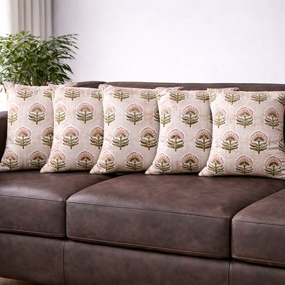 16x16 Cotton Floral Cushion Cover with Insert | Blush Pink Hand Block Print Decorative Throw Pillow