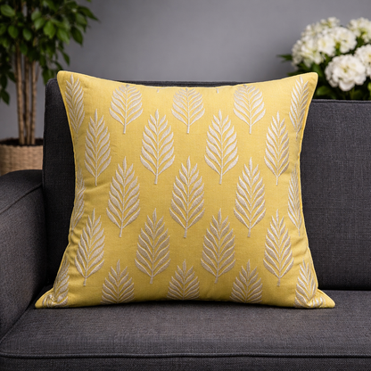 Cotton Embroidered Cushion Cover with Insert – Leaf Pattern Decorative Throw Pillow for Sofa, Bed & Living Room | 16 x 16 Inch