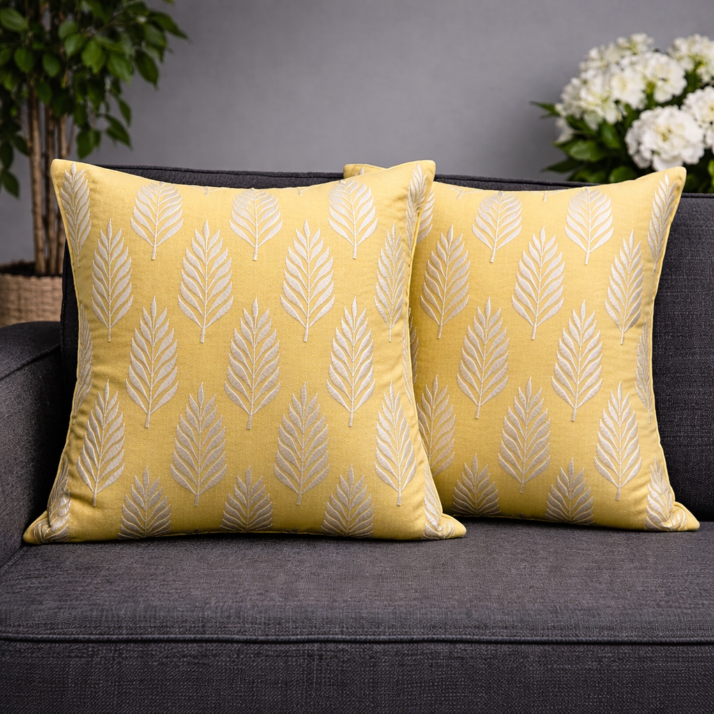 Cotton Embroidered Cushion Cover with Insert – Leaf Pattern Decorative Throw Pillow for Sofa, Bed & Living Room | 16 x 16 Inch