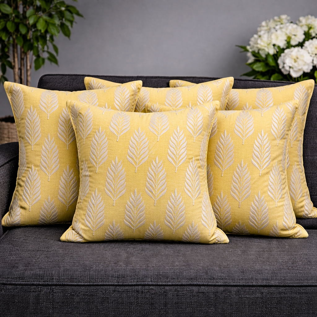 Cotton Embroidered Cushion Cover with Insert – Leaf Pattern Decorative Throw Pillow for Sofa, Bed & Living Room | 16 x 16 Inch