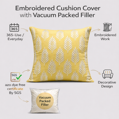 Cotton Embroidered Cushion Cover with Insert – Leaf Pattern Decorative Throw Pillow for Sofa, Bed & Living Room | 16 x 16 Inch