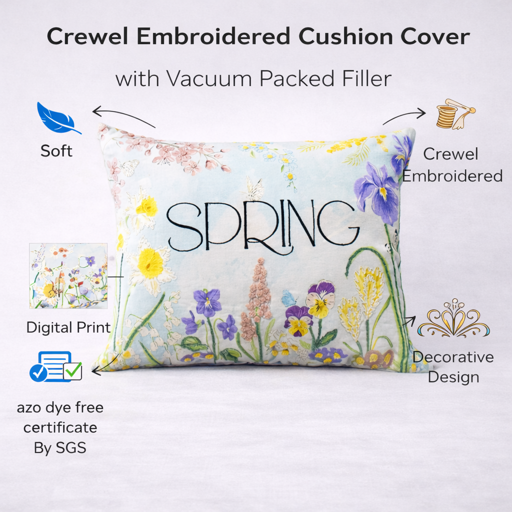 Spring Floral Embroidered & Printed Cotton Cushion Cover with Insert – 14x20 Inch