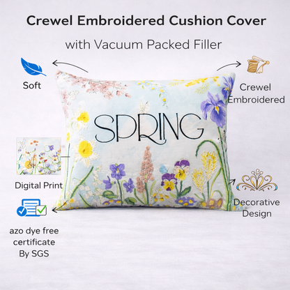 Spring Floral Embroidered & Printed Cotton Cushion Cover with Insert – 14x20 Inch